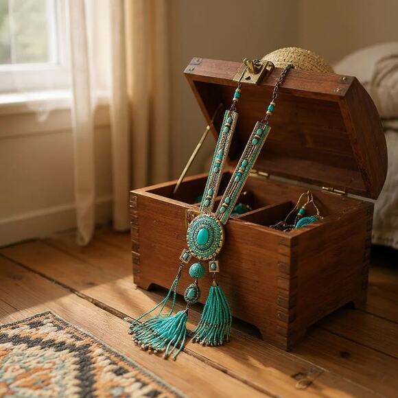 CHICO'S Boho Statement Necklace – Turquoise Fringe Tribal Beaded Medallion - Picture 13 of 13